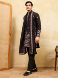 Outstanding Black Thread Embroidery Viscose Silk Marriage Wear Men's Kurta With Dupatta