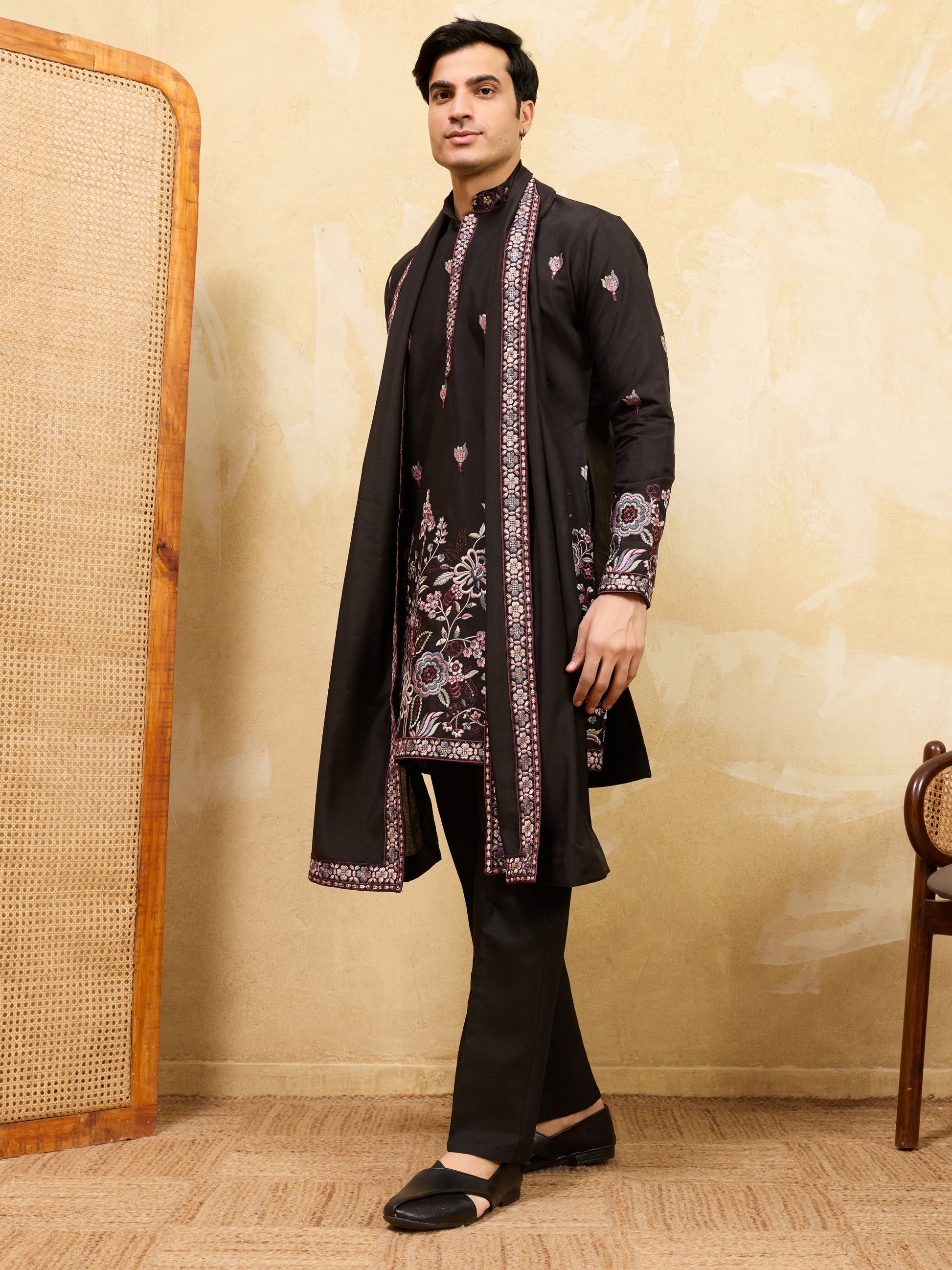 Outstanding Black Thread Embroidery Viscose Silk Marriage Wear Men's Kurta With Dupatta