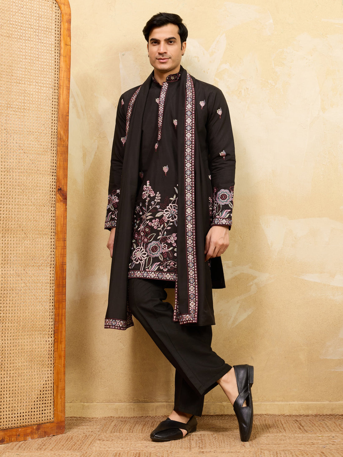 Outstanding Black Thread Embroidery Viscose Silk Marriage Wear Men's Kurta With Dupatta