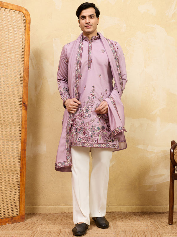 Amazing Dusty Pink Embroidered Viscose Silk Engagement Wear Men's Kurta With Dupatta