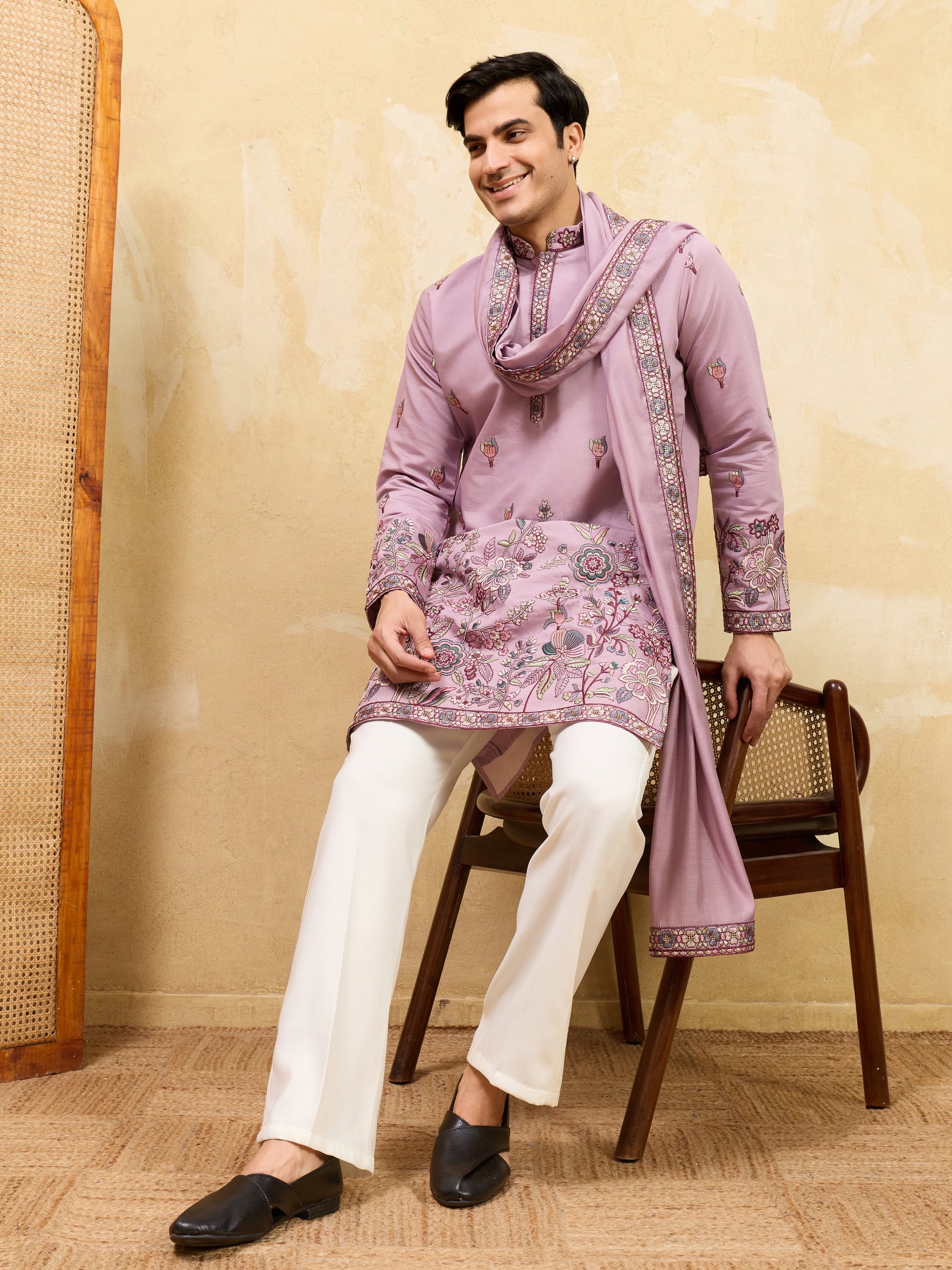 Amazing Dusty Pink Embroidered Viscose Silk Engagement Wear Men's Kurta With Dupatta