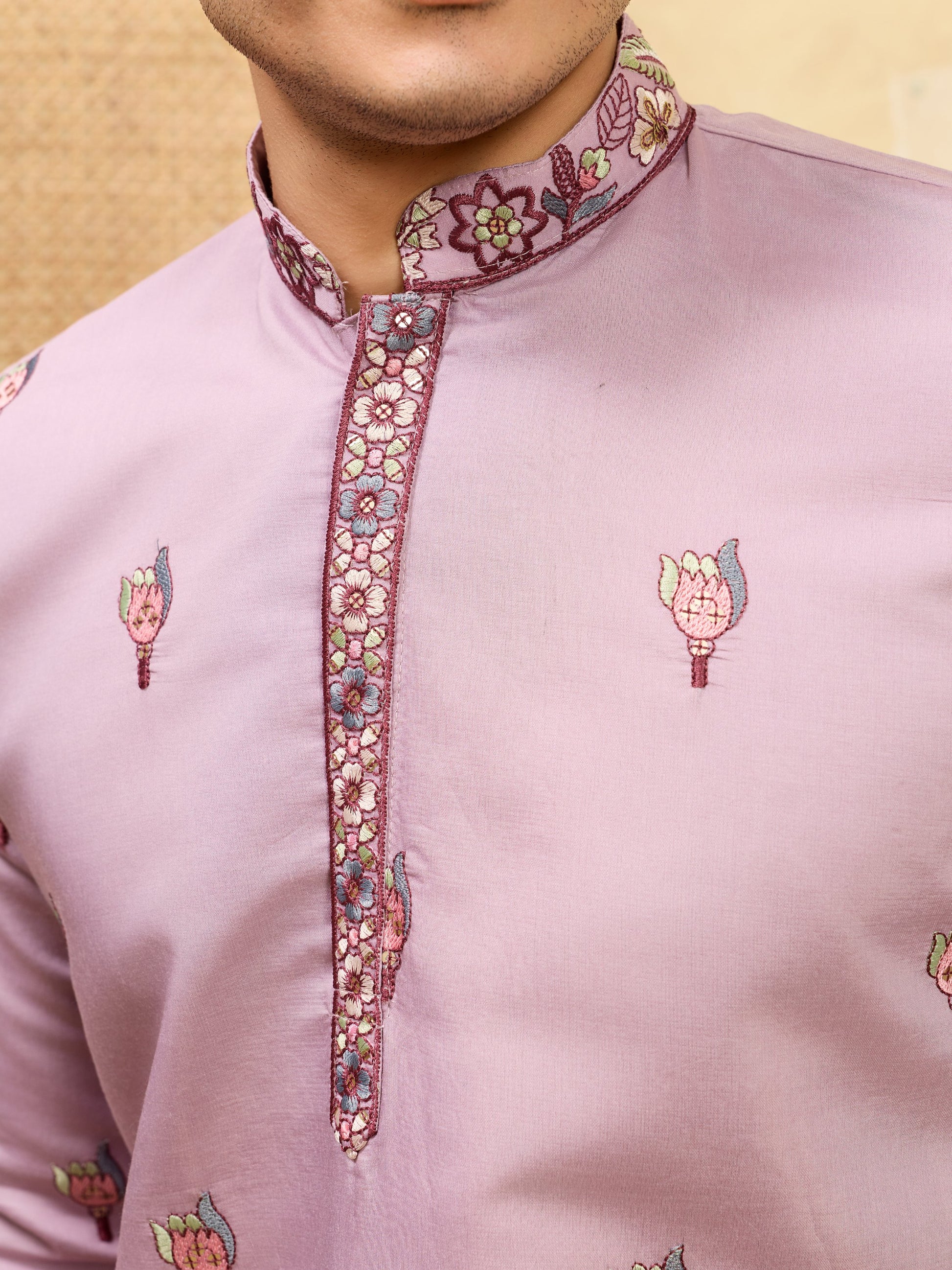 Amazing Dusty Pink Embroidered Viscose Silk Engagement Wear Men's Kurta With Dupatta