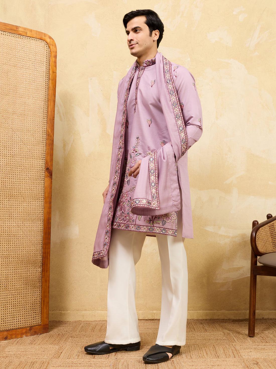 Amazing Dusty Pink Embroidered Viscose Silk Engagement Wear Men's Kurta With Dupatta