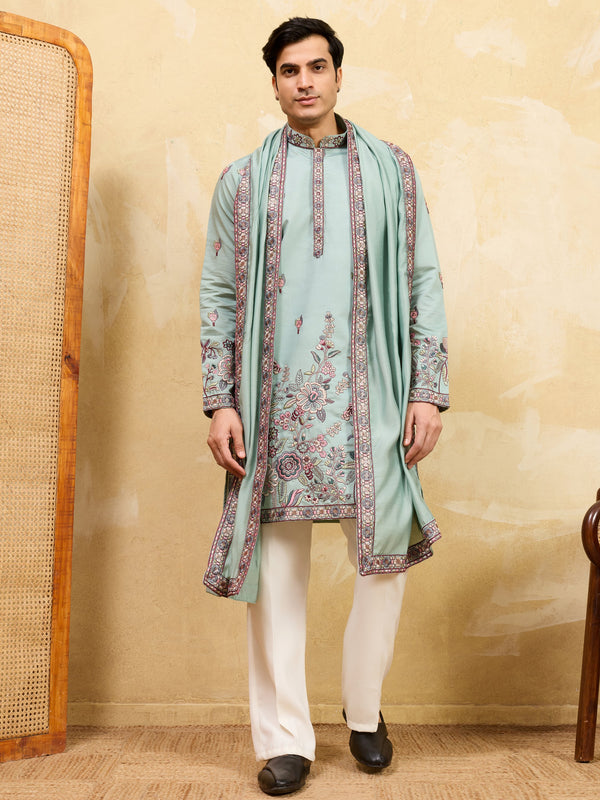 Stylish Pista Green Sequins Embroidered Viscose Silk Reception Wear Men's Kurta With Dupatta