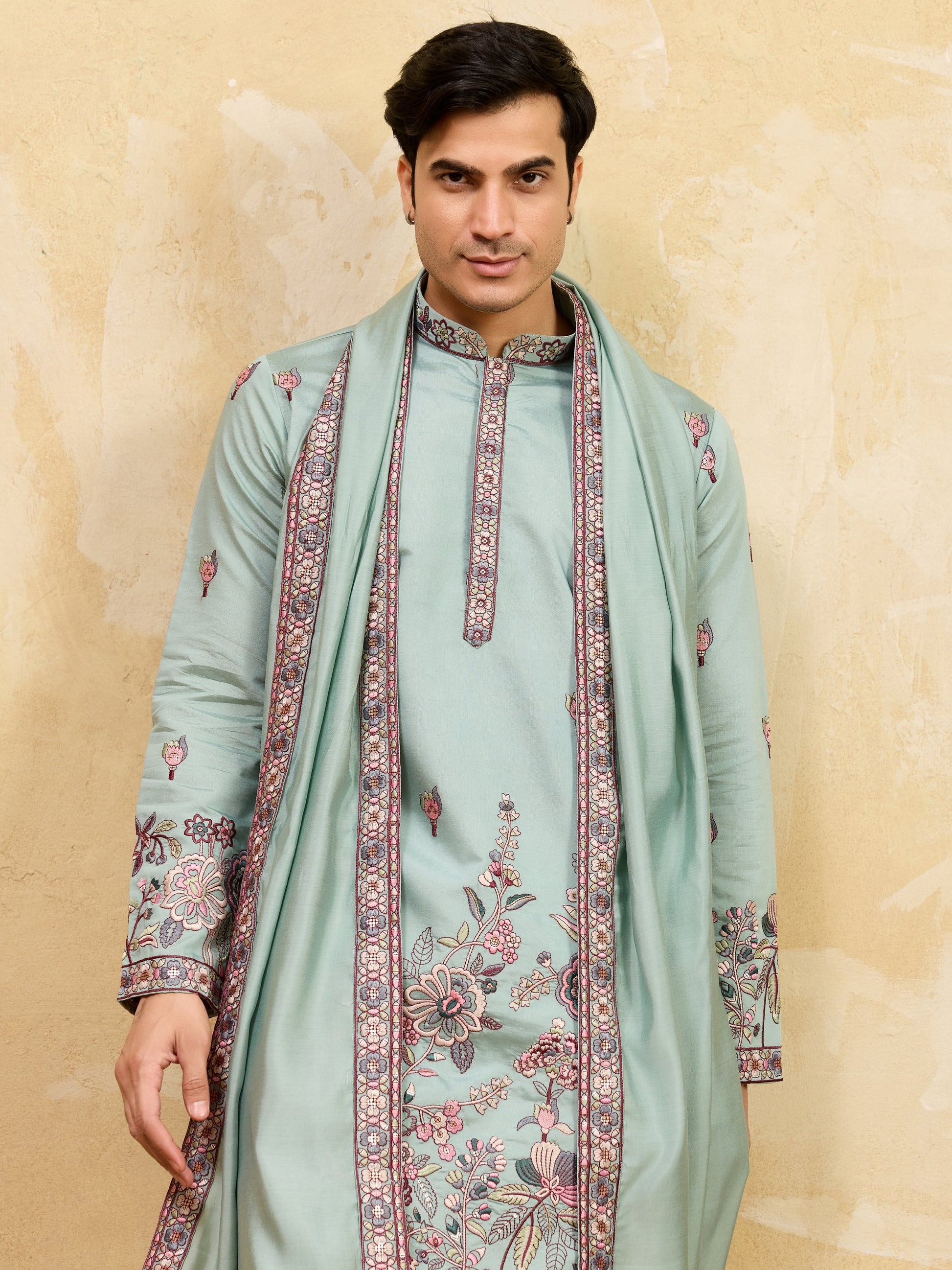 Stylish Pista Green Sequins Embroidered Viscose Silk Reception Wear Men's Kurta With Dupatta