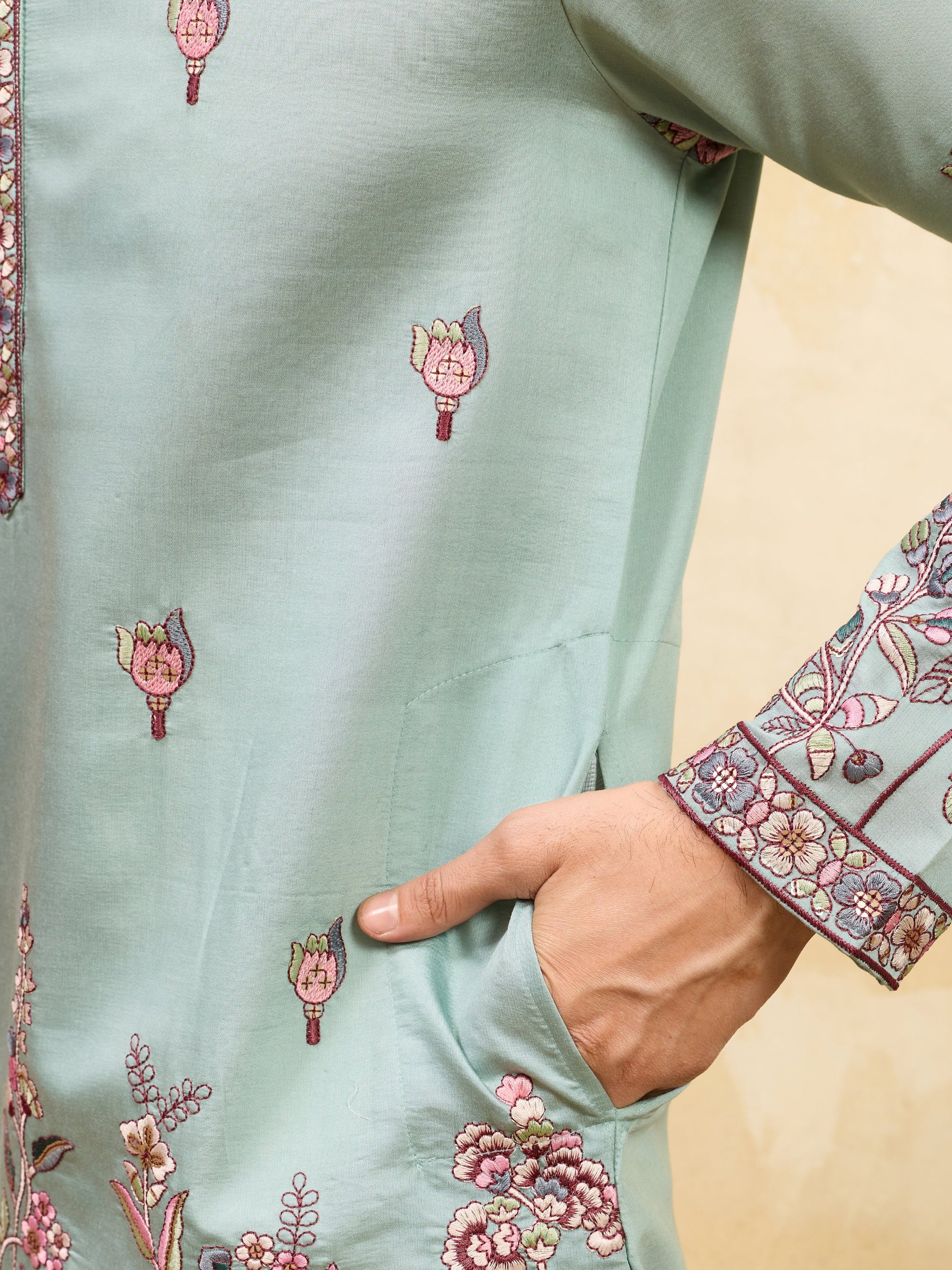 Stylish Pista Green Sequins Embroidered Viscose Silk Reception Wear Men's Kurta With Dupatta