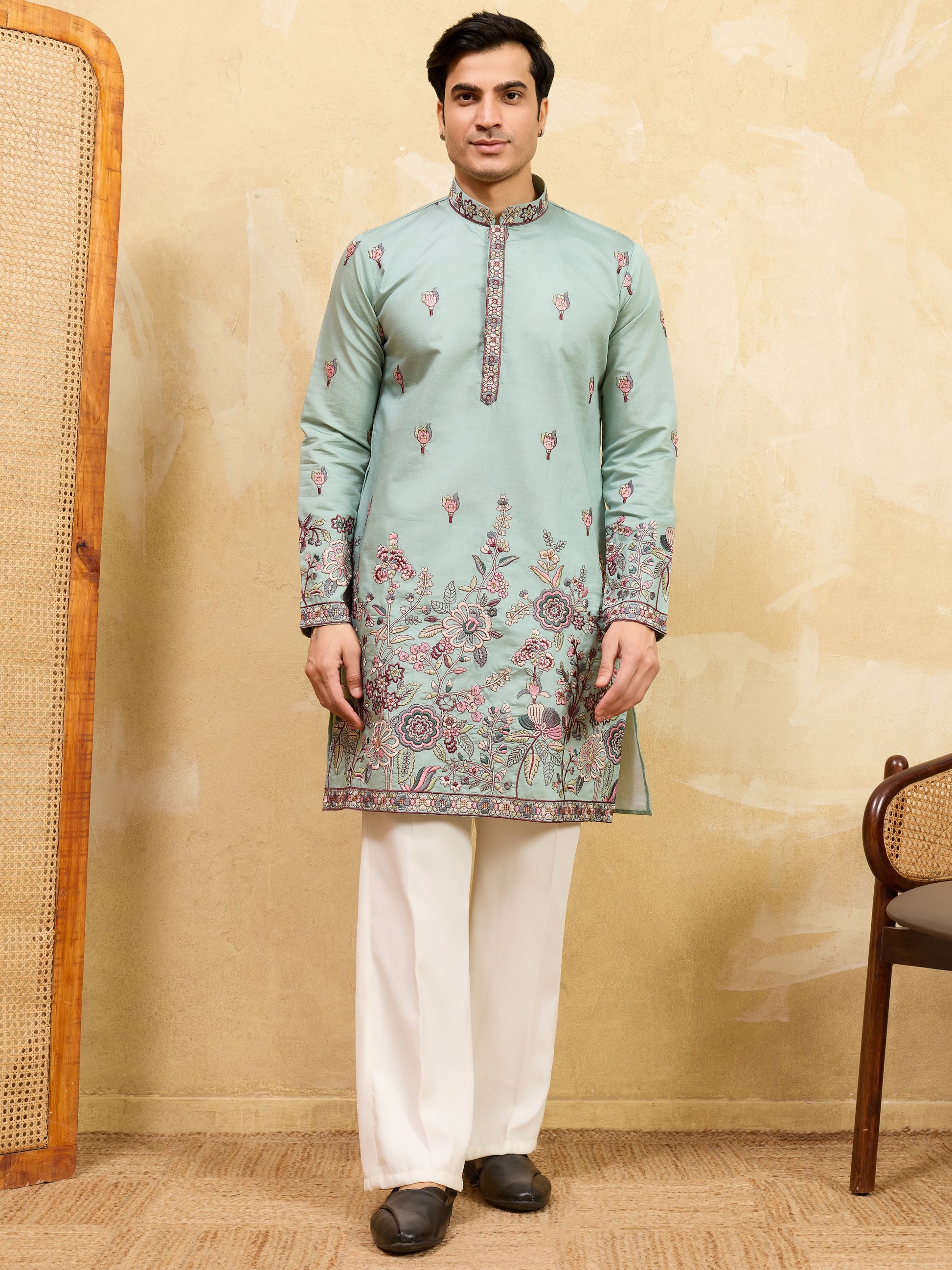 Stylish Pista Green Sequins Embroidered Viscose Silk Reception Wear Men's Kurta With Dupatta