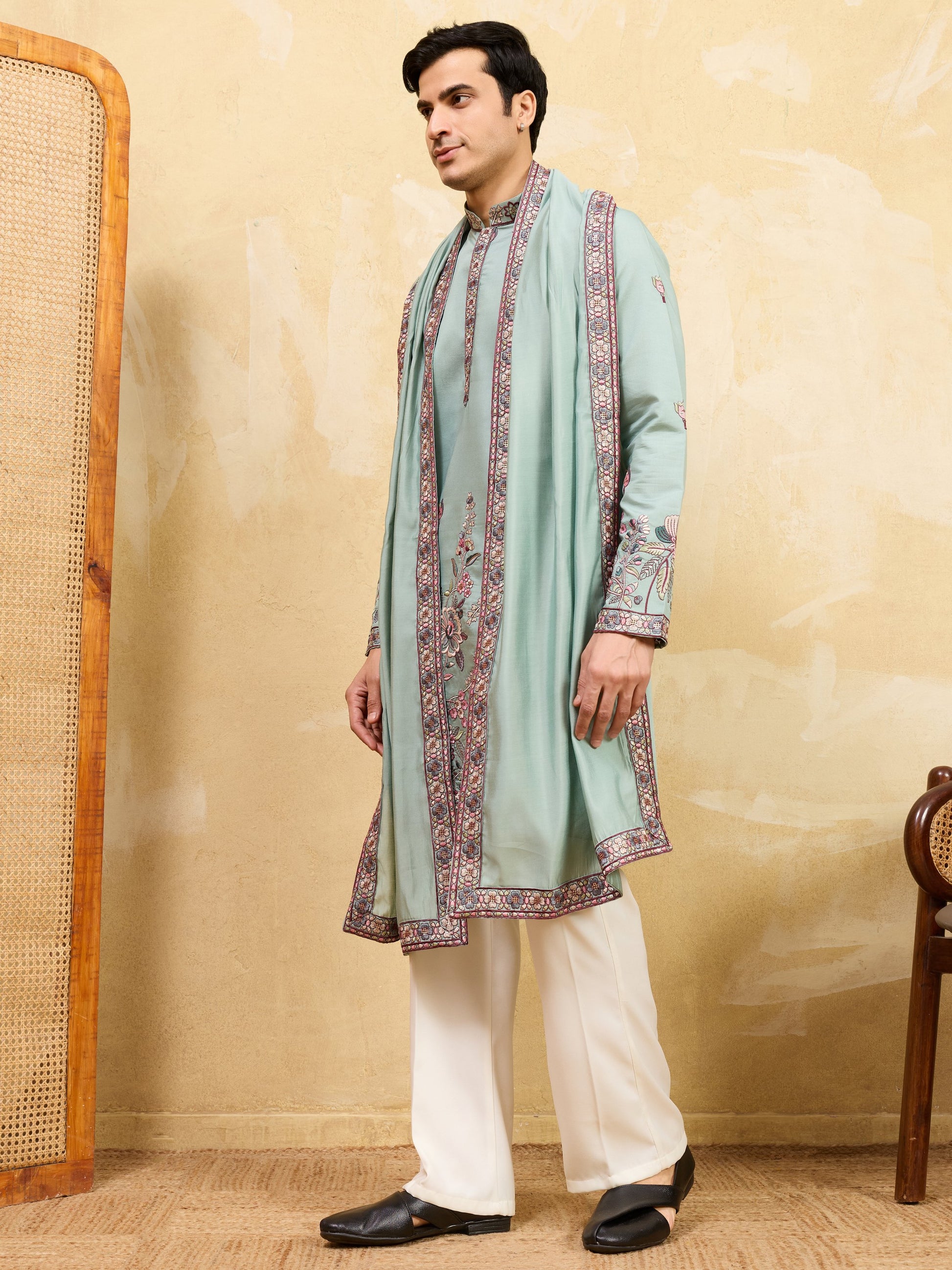 Stylish Pista Green Sequins Embroidered Viscose Silk Reception Wear Men's Kurta With Dupatta
