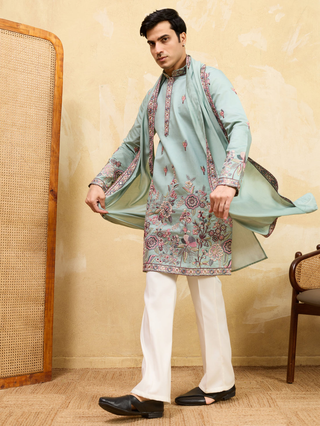 Stylish Pista Green Sequins Embroidered Viscose Silk Reception Wear Men's Kurta With Dupatta