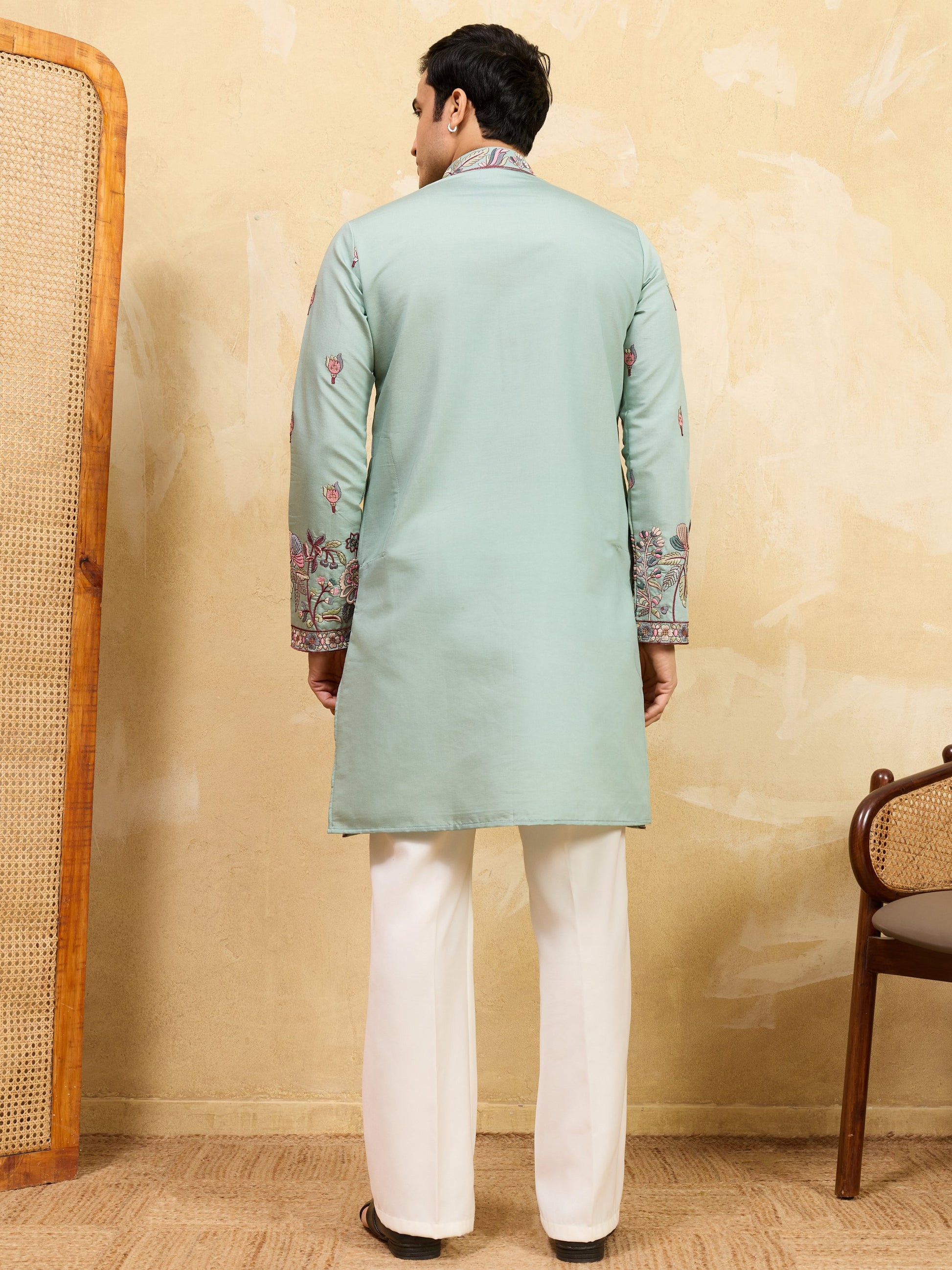 Stylish Pista Green Sequins Embroidered Viscose Silk Reception Wear Men's Kurta With Dupatta