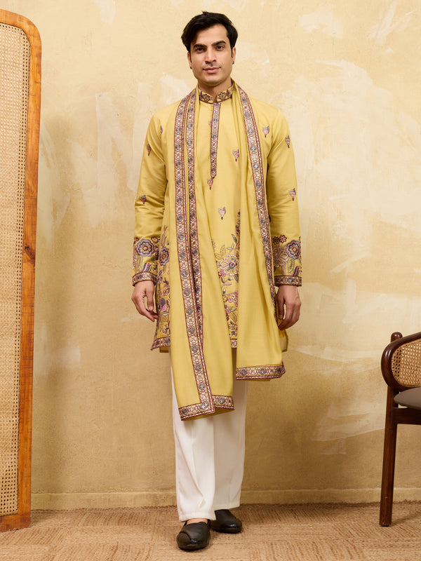 Bewitching Yellow Sequins Viscose Silk Haldi Wear Men's Kurta With Dupatta