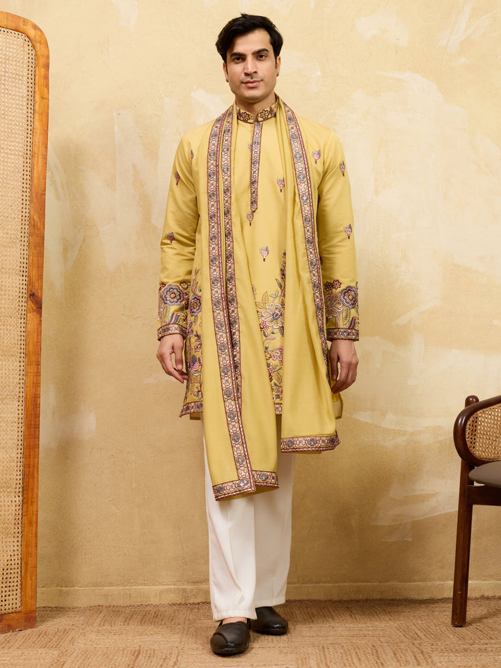 Bewitching Yellow Sequins Viscose Silk Haldi Wear Men's Kurta With Dupatta