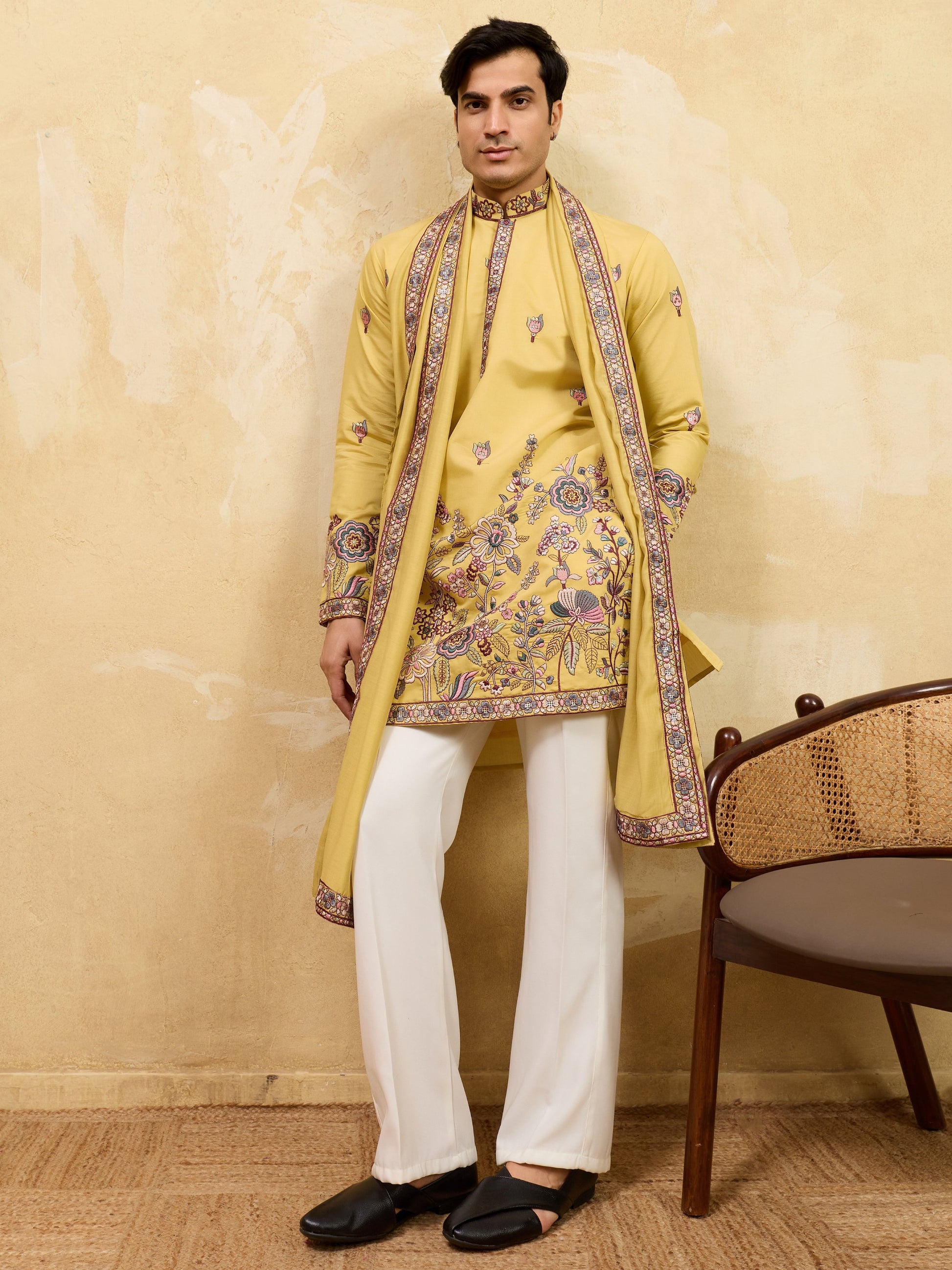 Bewitching Yellow Sequins Viscose Silk Haldi Wear Men's Kurta With Dupatta