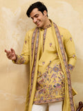 Bewitching Yellow Sequins Viscose Silk Haldi Wear Men's Kurta With Dupatta