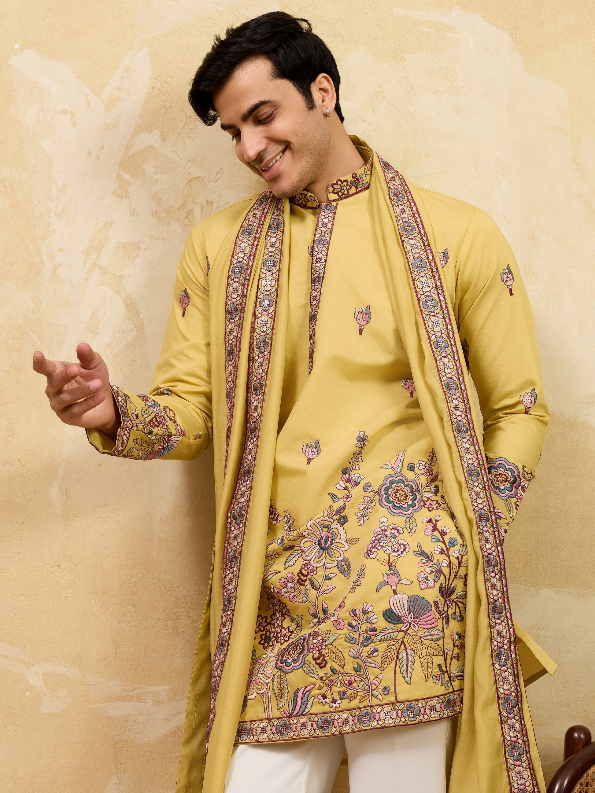 Bewitching Yellow Sequins Viscose Silk Haldi Wear Men's Kurta With Dupatta