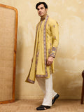 Bewitching Yellow Sequins Viscose Silk Haldi Wear Men's Kurta With Dupatta