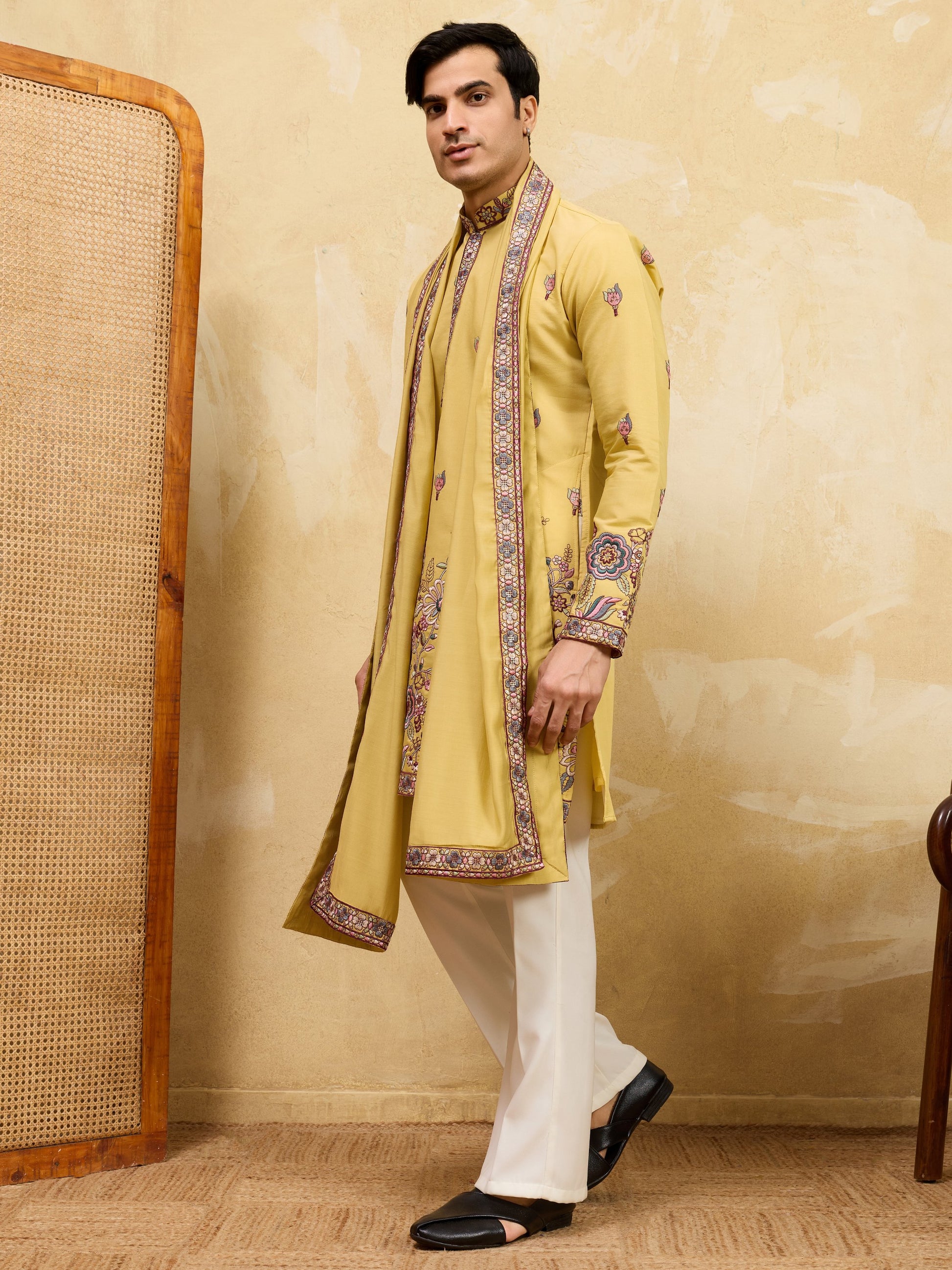 Bewitching Yellow Sequins Viscose Silk Haldi Wear Men's Kurta With Dupatta