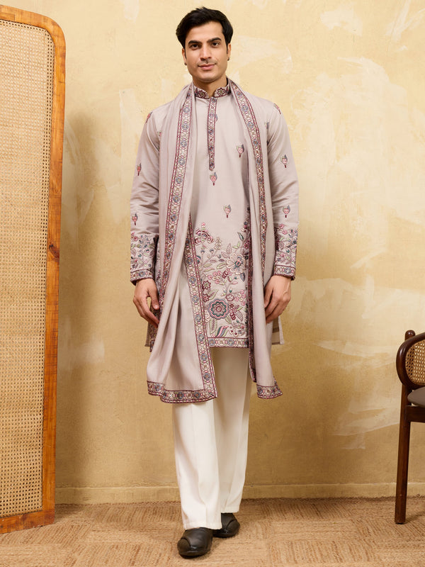 Wonderful Yellow Floral Embroidery Viscose Silk Festive Wear Men's Kurta With Dupatta
