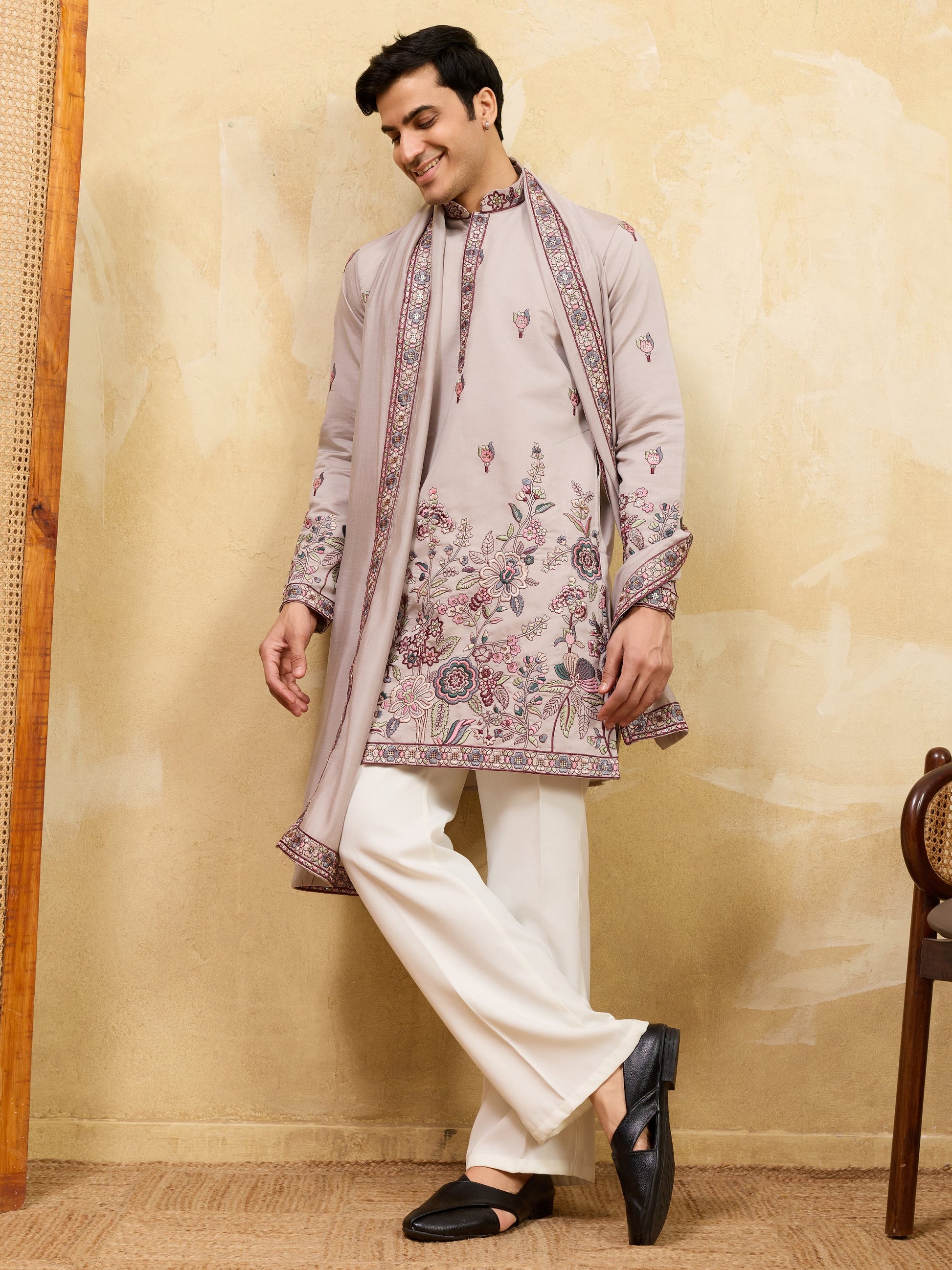 Wonderful Yellow Floral Embroidery Viscose Silk Festive Wear Men's Kurta With Dupatta