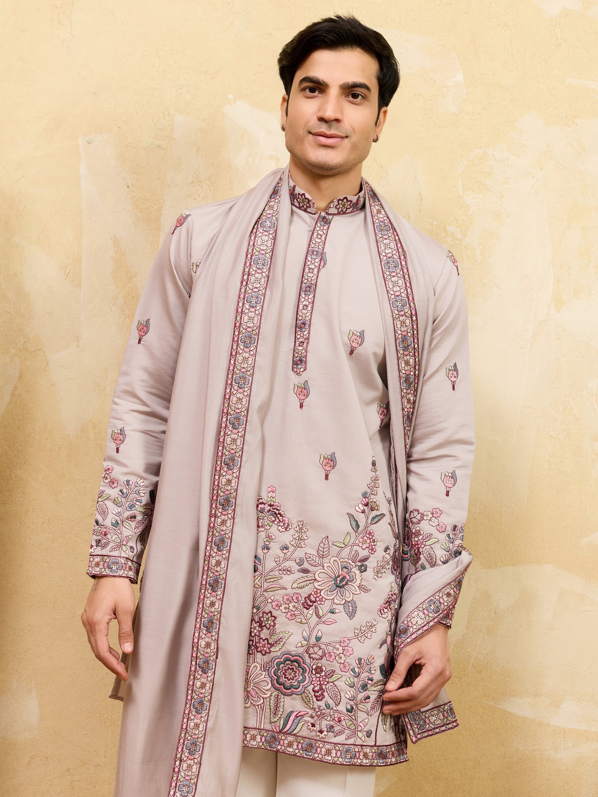 Wonderful Yellow Floral Embroidery Viscose Silk Festive Wear Men's Kurta With Dupatta