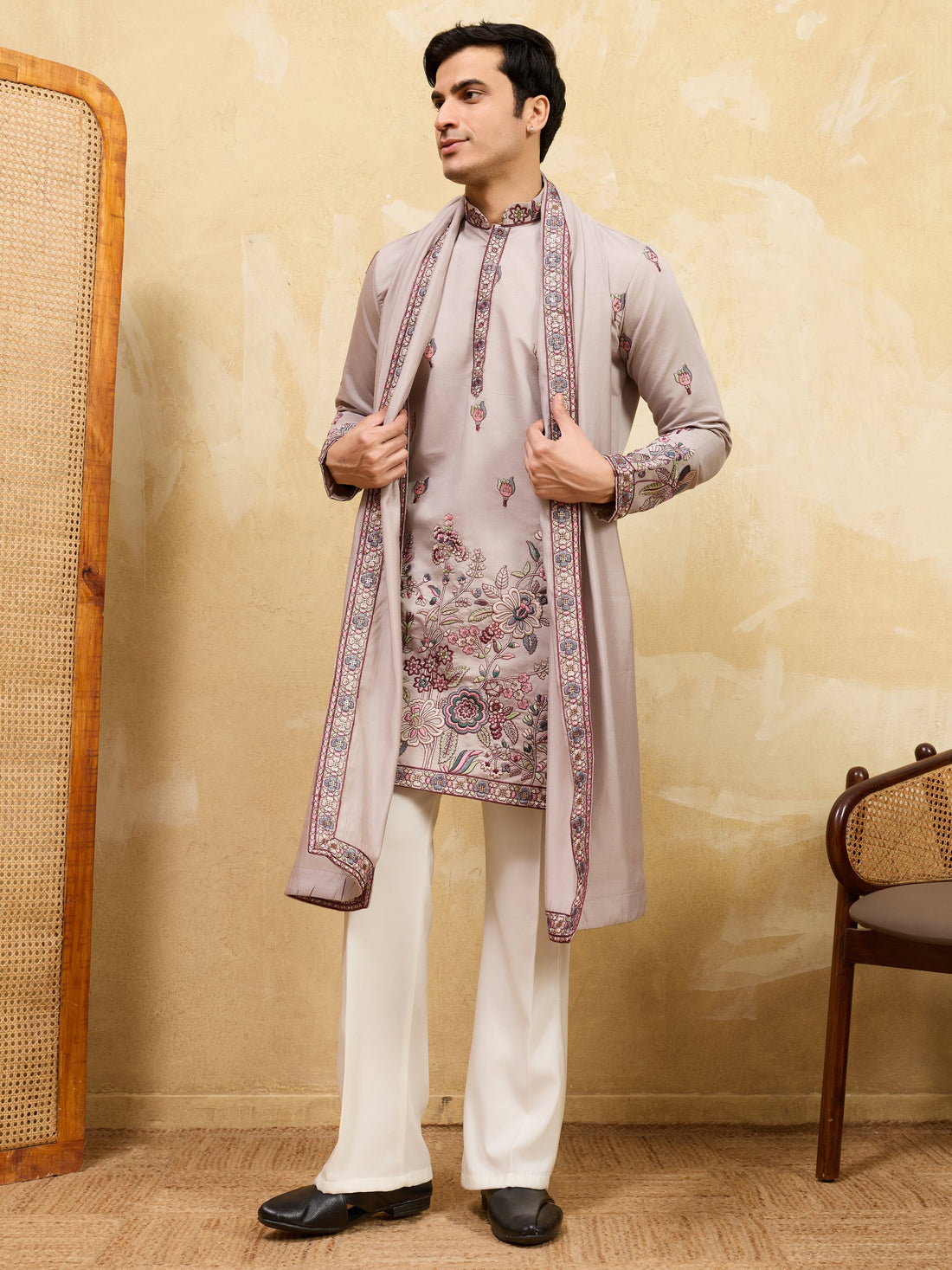 Wonderful Yellow Floral Embroidery Viscose Silk Festive Wear Men's Kurta With Dupatta