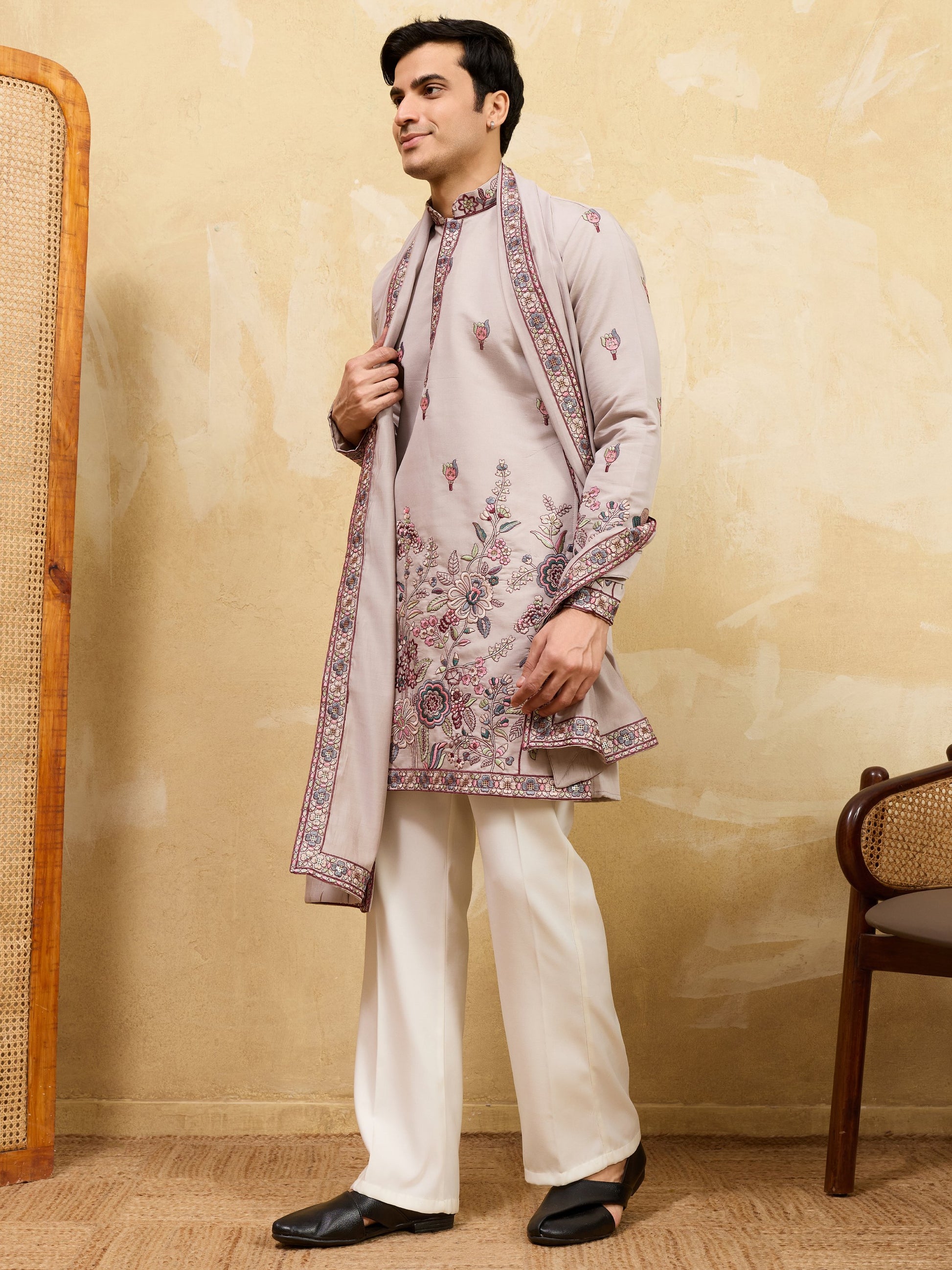 Wonderful Yellow Floral Embroidery Viscose Silk Festive Wear Men's Kurta With Dupatta