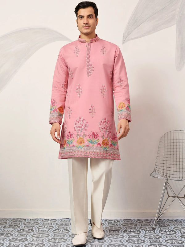 Alluring Pink Multi Thread Work Viscose Silk Engagement Wear Men's Kurta