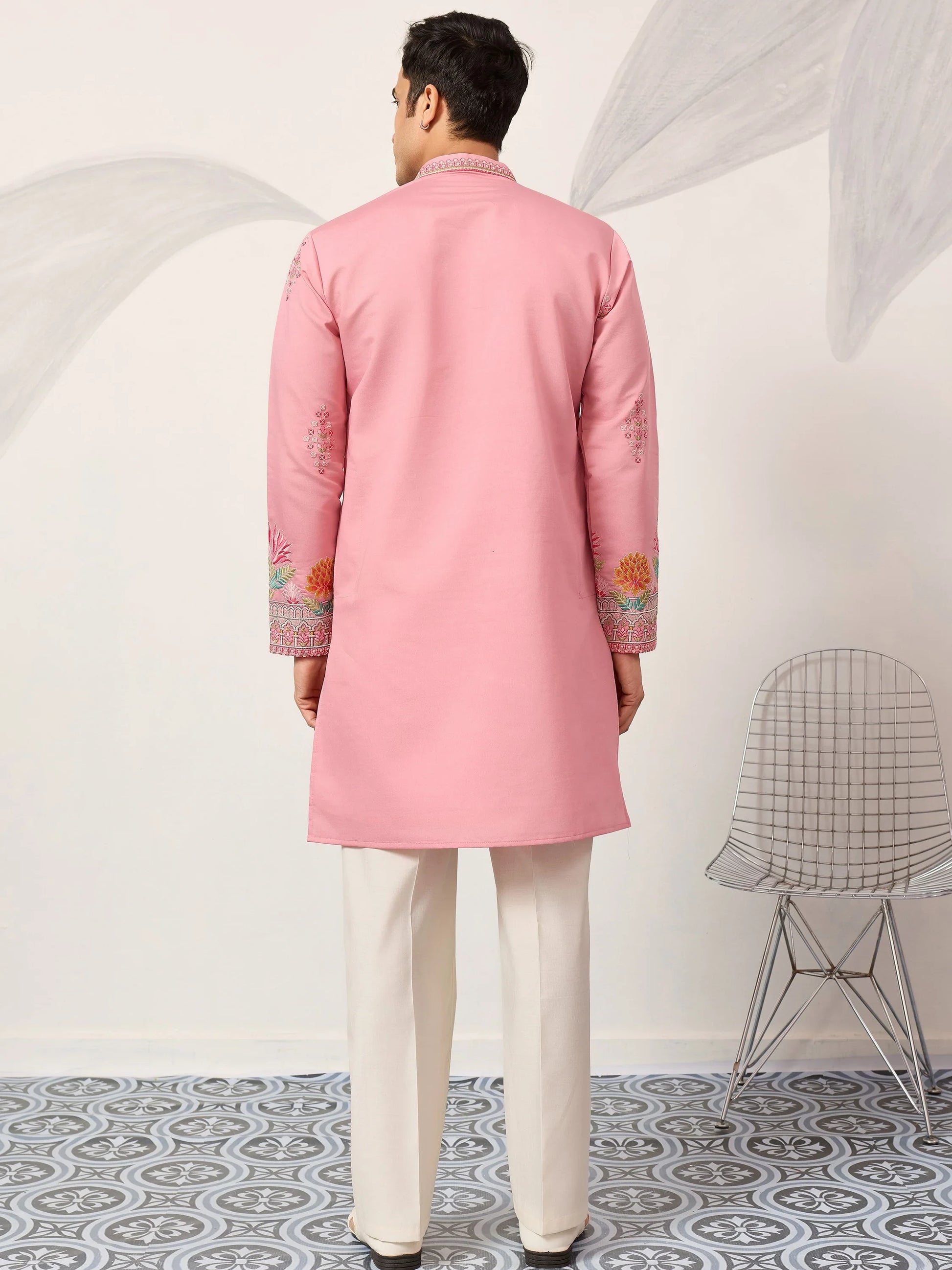 Alluring Pink Multi Thread Work Viscose Silk Engagement Wear Men's Kurta