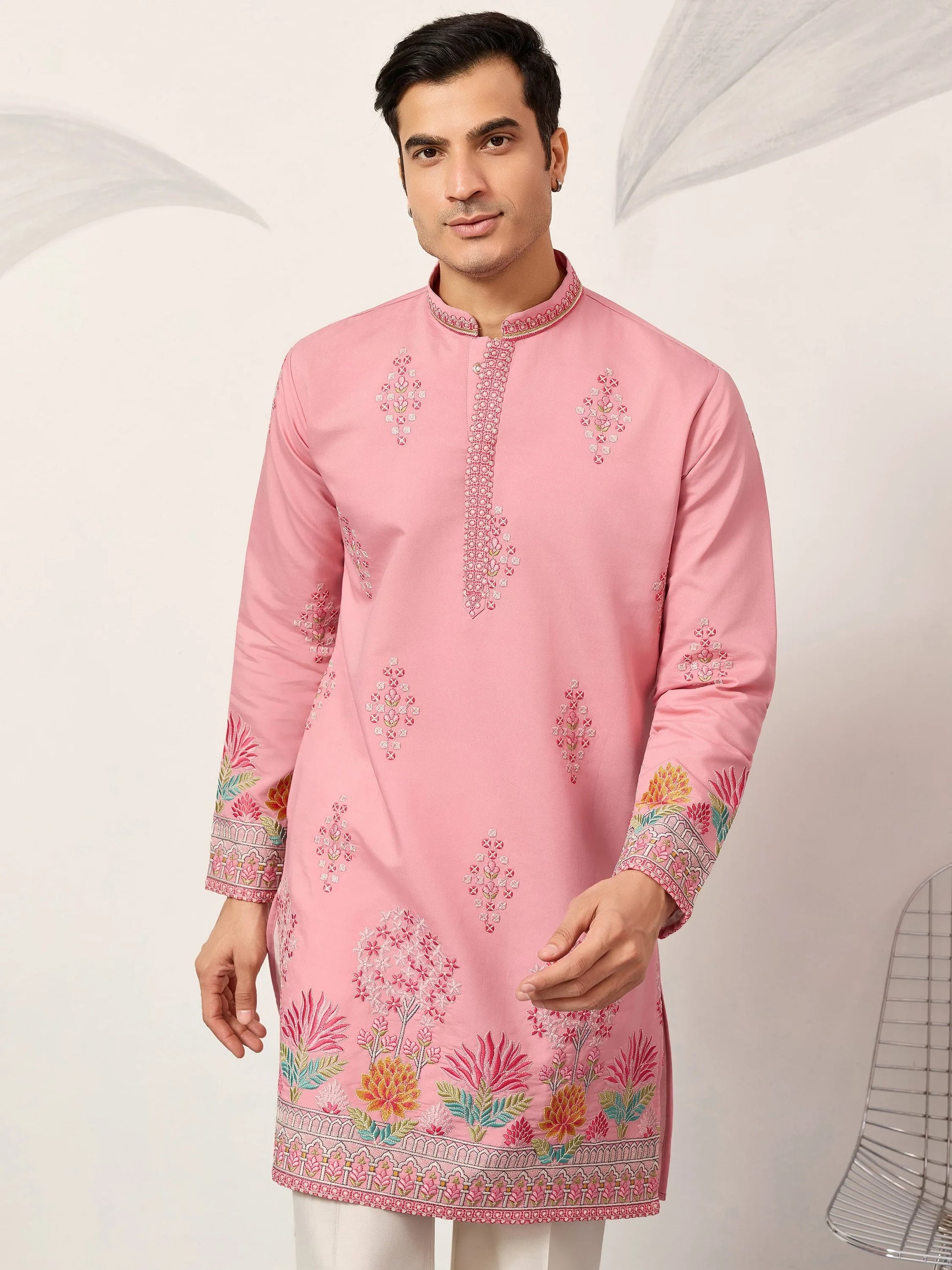 Alluring Pink Multi Thread Work Viscose Silk Engagement Wear Men's Kurta