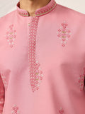Alluring Pink Multi Thread Work Viscose Silk Engagement Wear Men's Kurta