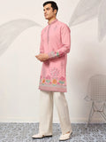 Alluring Pink Multi Thread Work Viscose Silk Engagement Wear Men's Kurta