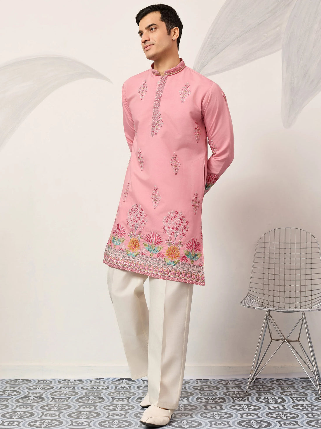 Alluring Pink Multi Thread Work Viscose Silk Engagement Wear Men's Kurta