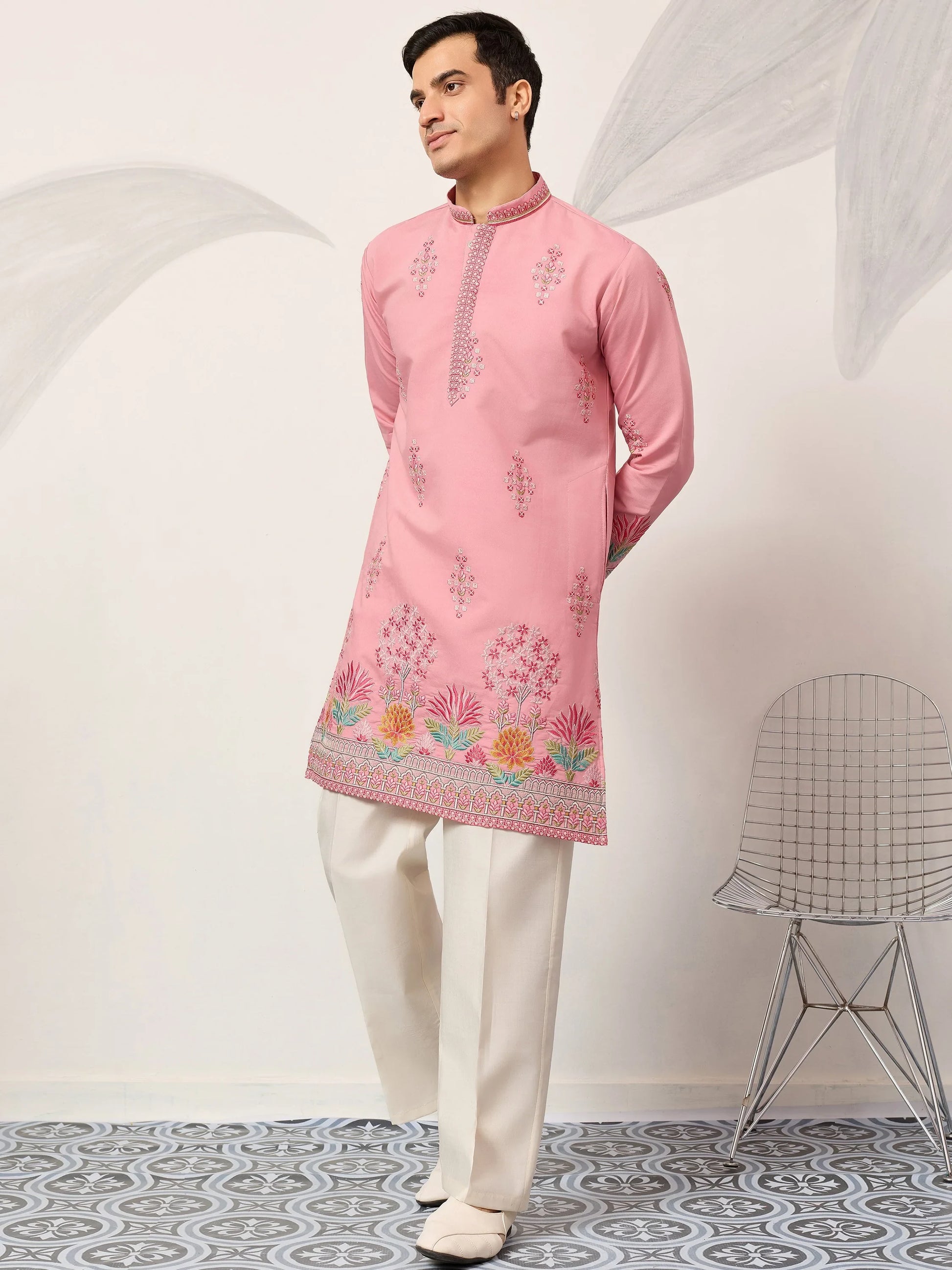 Alluring Pink Multi Thread Work Viscose Silk Engagement Wear Men's Kurta