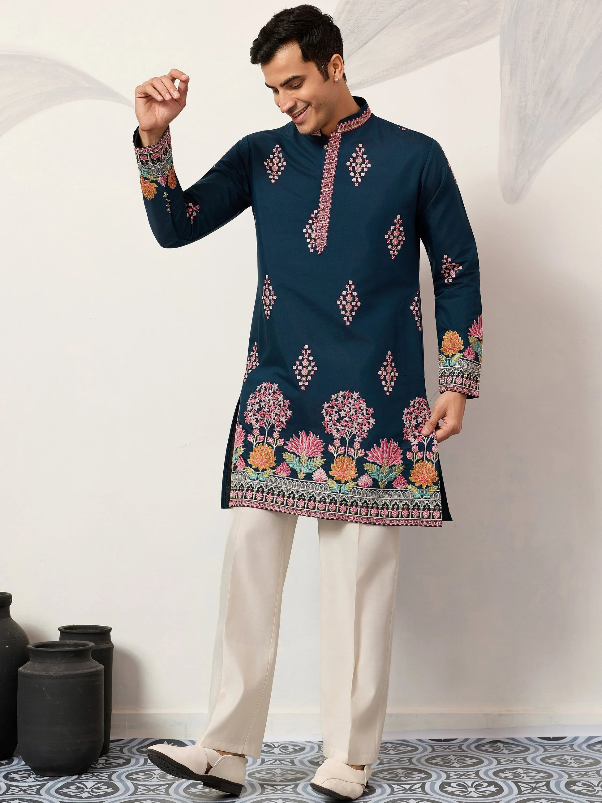 Beautiful Teal Blue Sequins Viscose Silk Reception Wear Men's Kurta