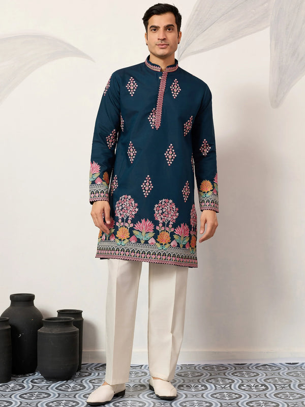 Beautiful Teal Blue Sequins Viscose Silk Reception Wear Men's Kurta