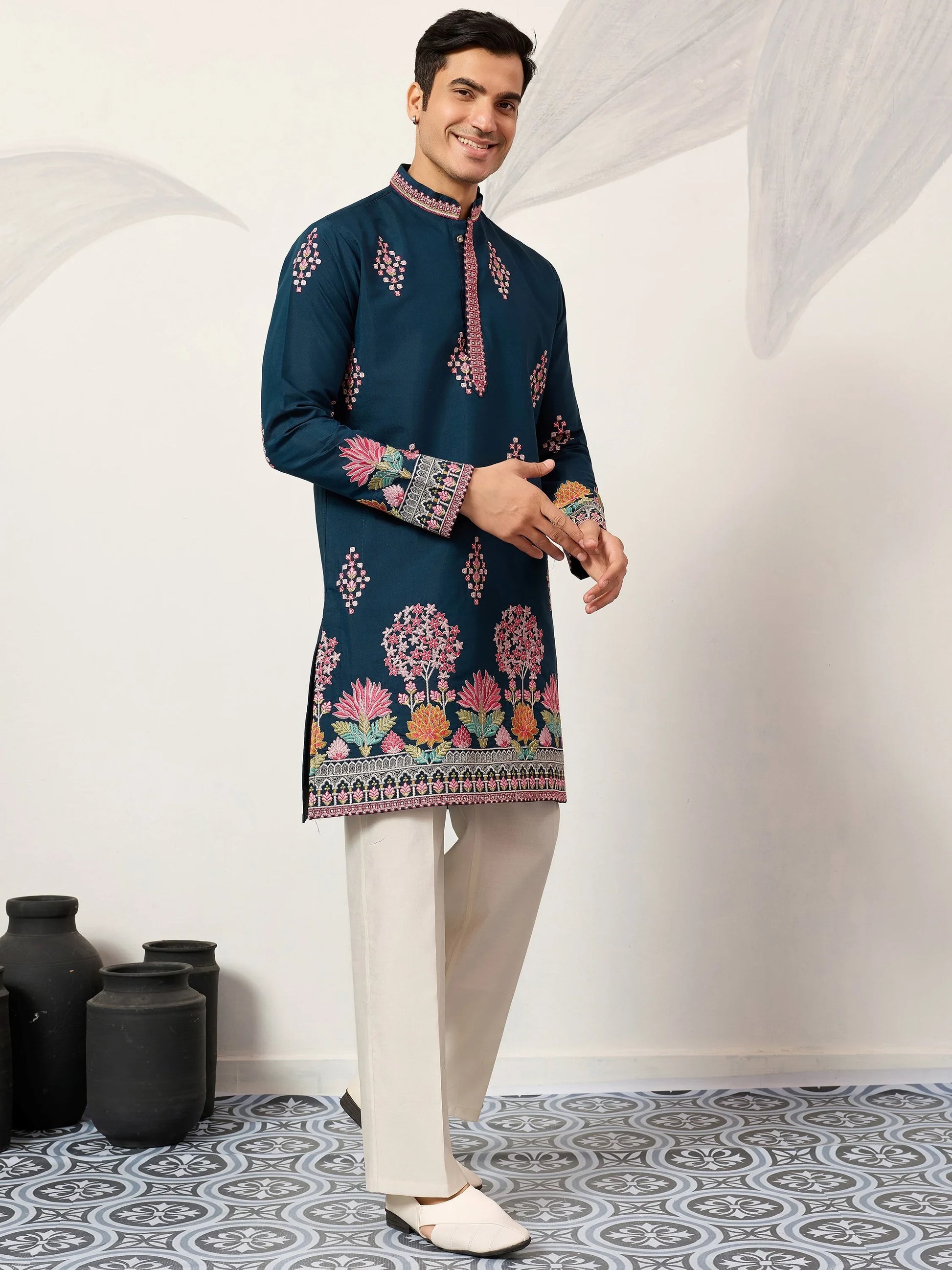 Beautiful Teal Blue Sequins Viscose Silk Reception Wear Men's Kurta