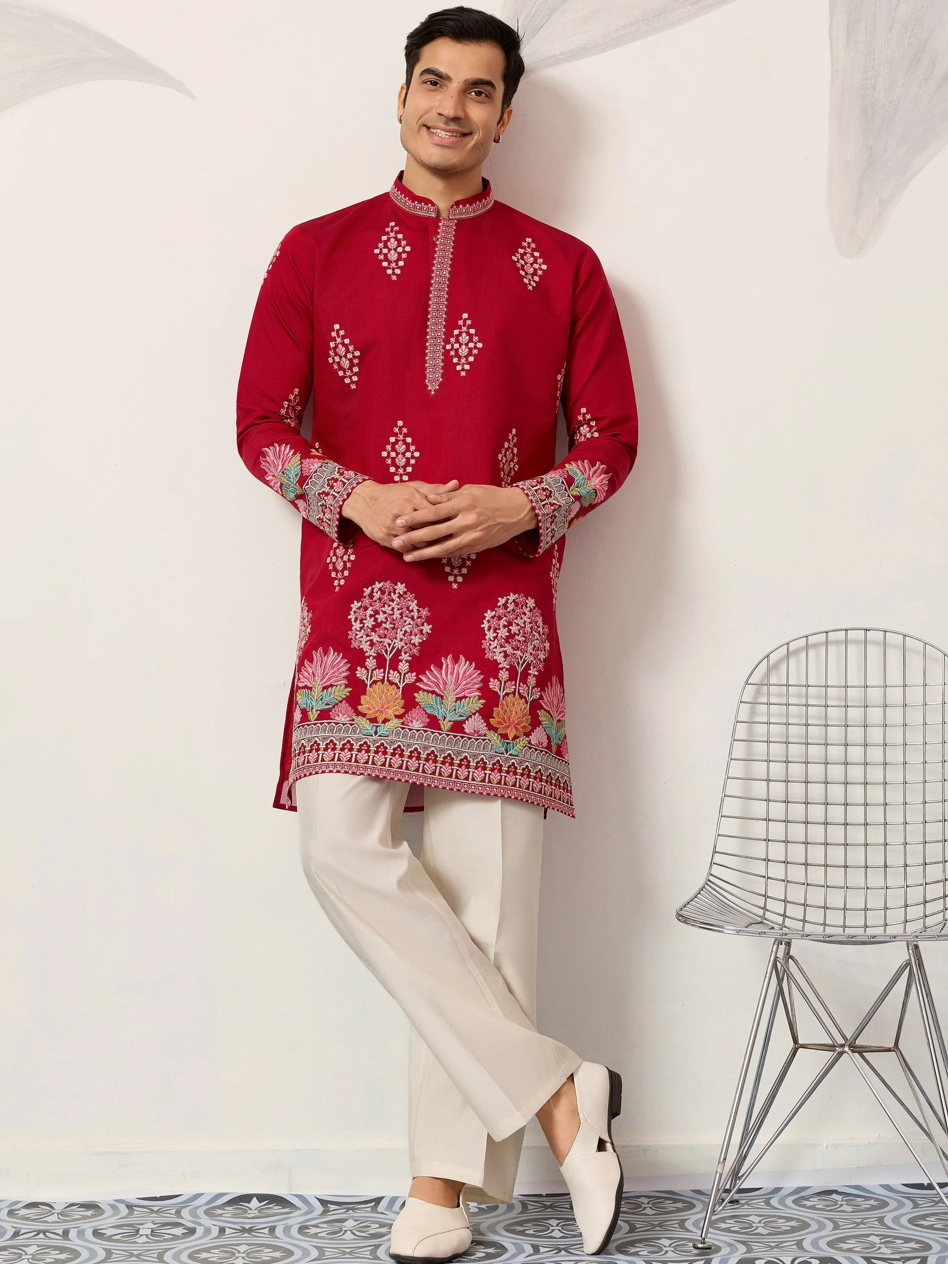 Classy Red Sequins Viscose Silk Groom Wear Men's Kurta