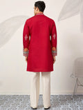 Classy Red Sequins Viscose Silk Groom Wear Men's Kurta