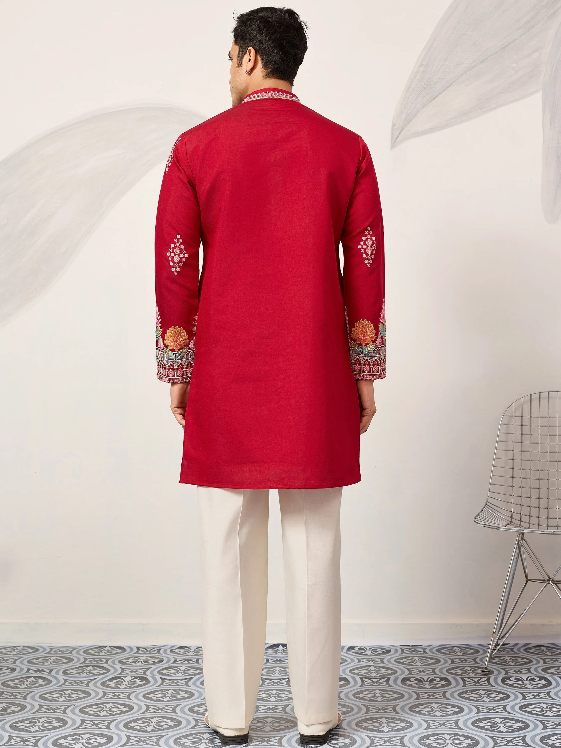 Classy Red Sequins Viscose Silk Groom Wear Men's Kurta