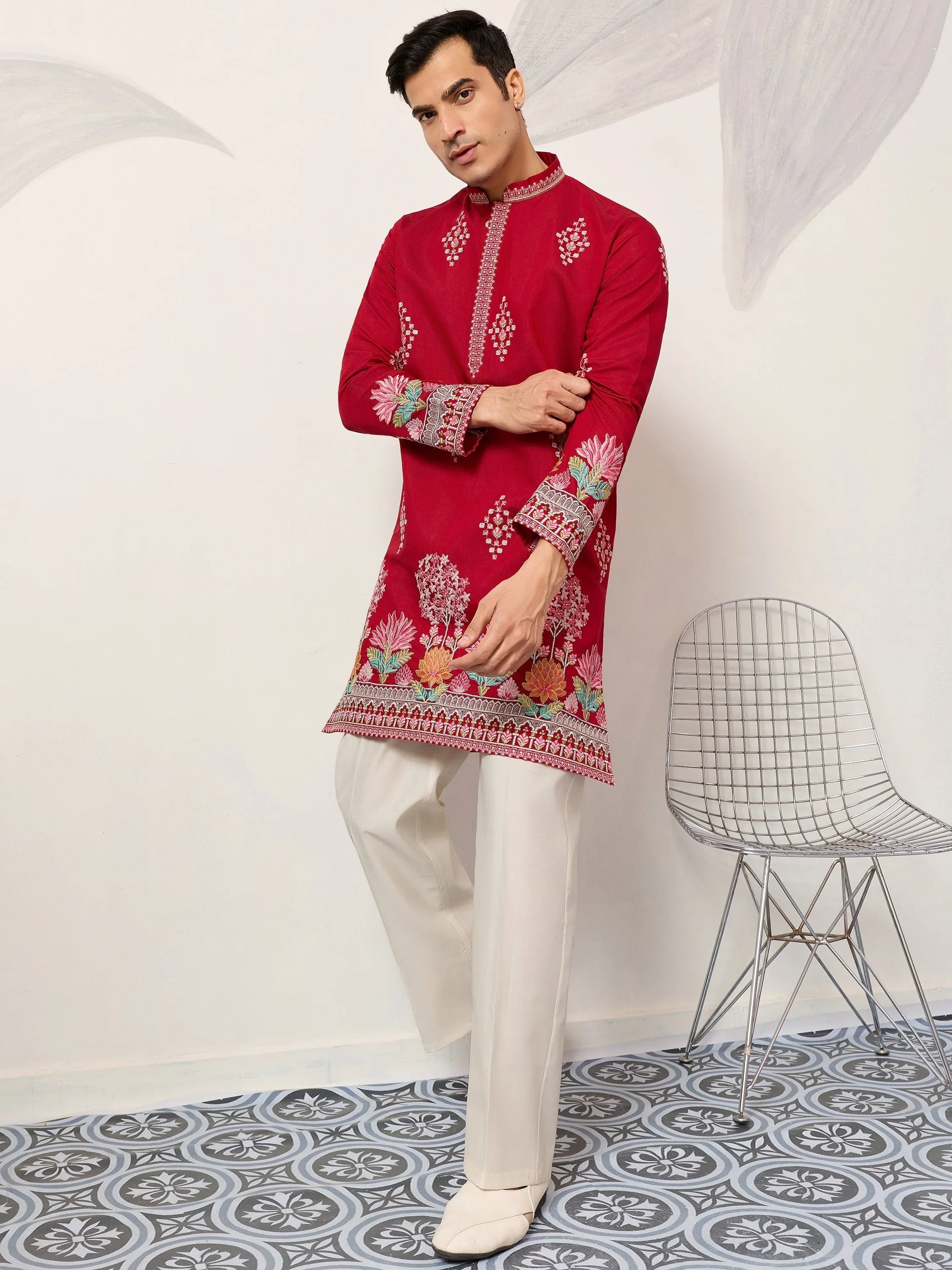 Classy Red Sequins Viscose Silk Groom Wear Men's Kurta
