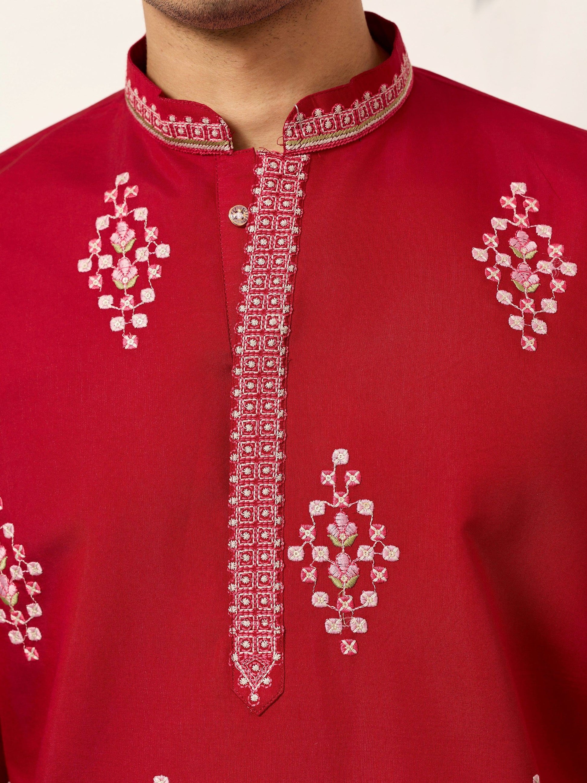 Classy Red Sequins Viscose Silk Groom Wear Men's Kurta
