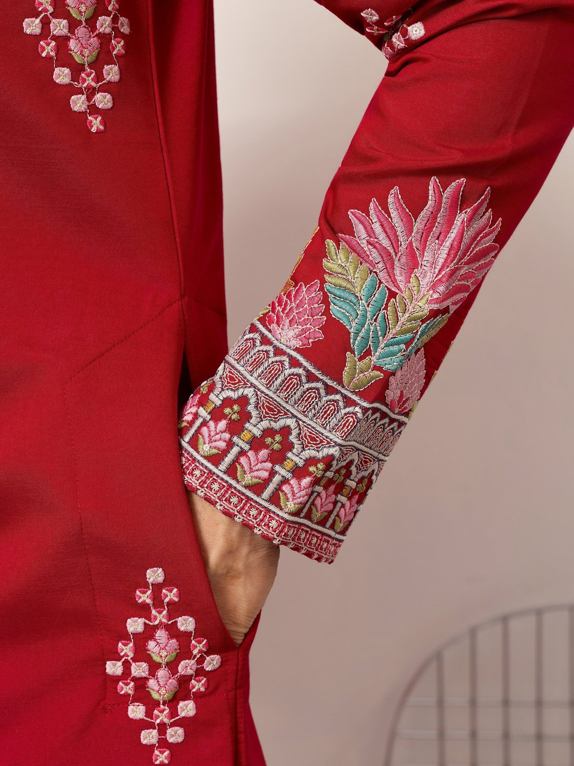Classy Red Sequins Viscose Silk Groom Wear Men's Kurta