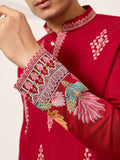 Classy Red Sequins Viscose Silk Groom Wear Men's Kurta