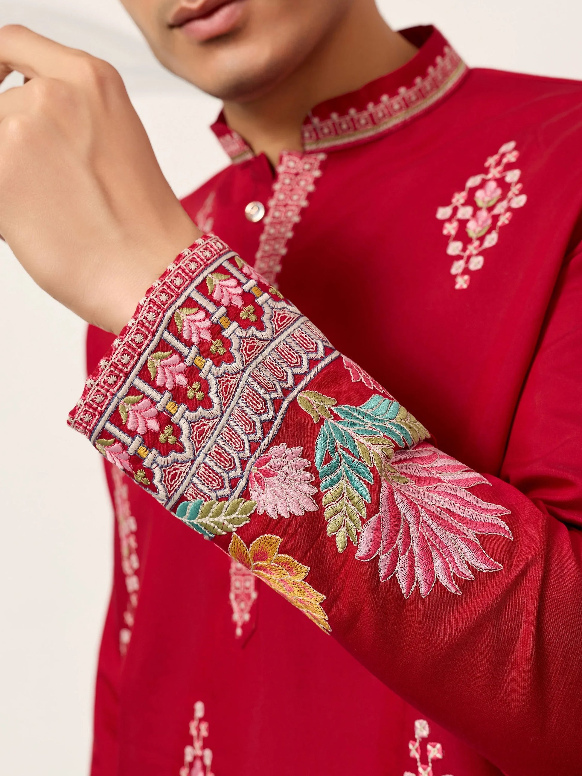 Classy Red Sequins Viscose Silk Groom Wear Men's Kurta