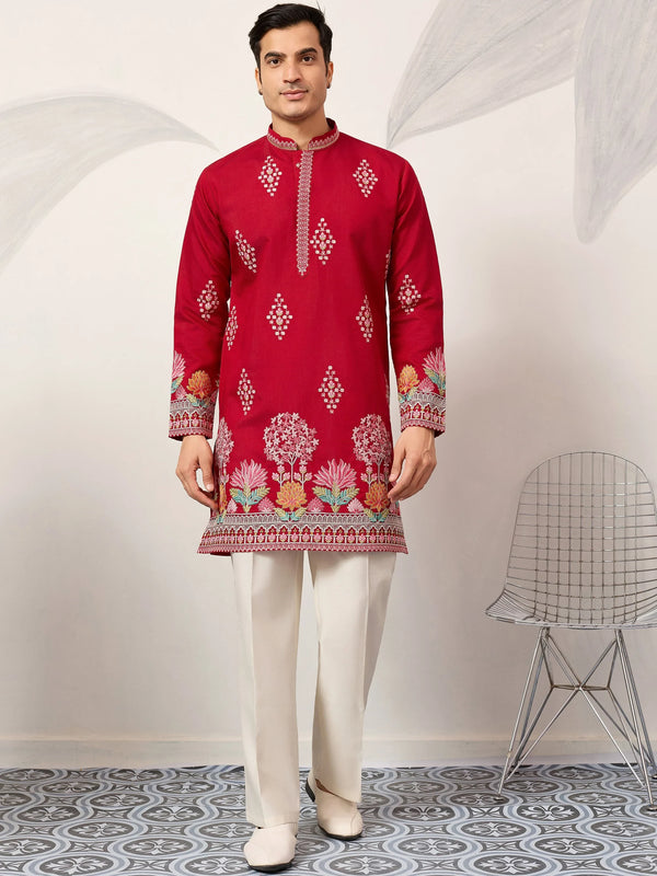 Classy Red Sequins Viscose Silk Groom Wear Men's Kurta