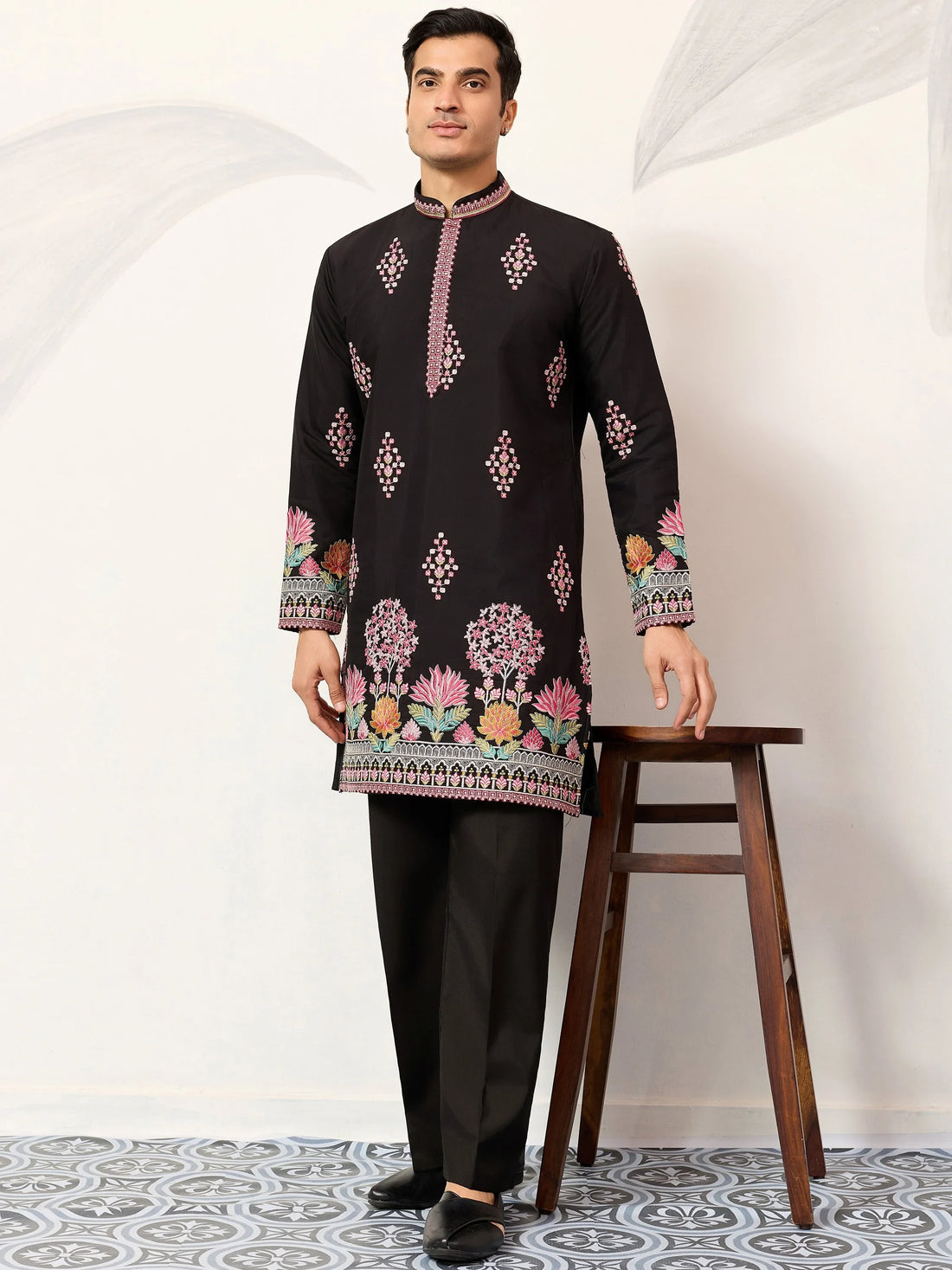 Fabulous Black Embroidered Viscose Silk Evening Wear Men's Kurta