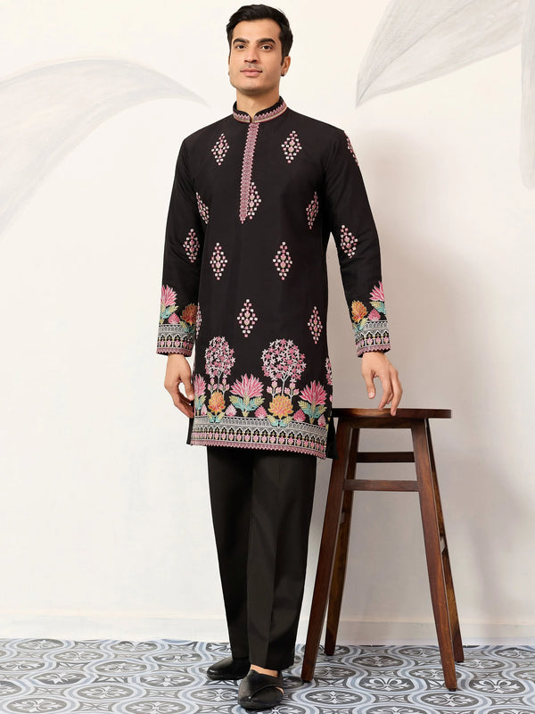 Fabulous Black Embroidered Viscose Silk Evening Wear Men's Kurta