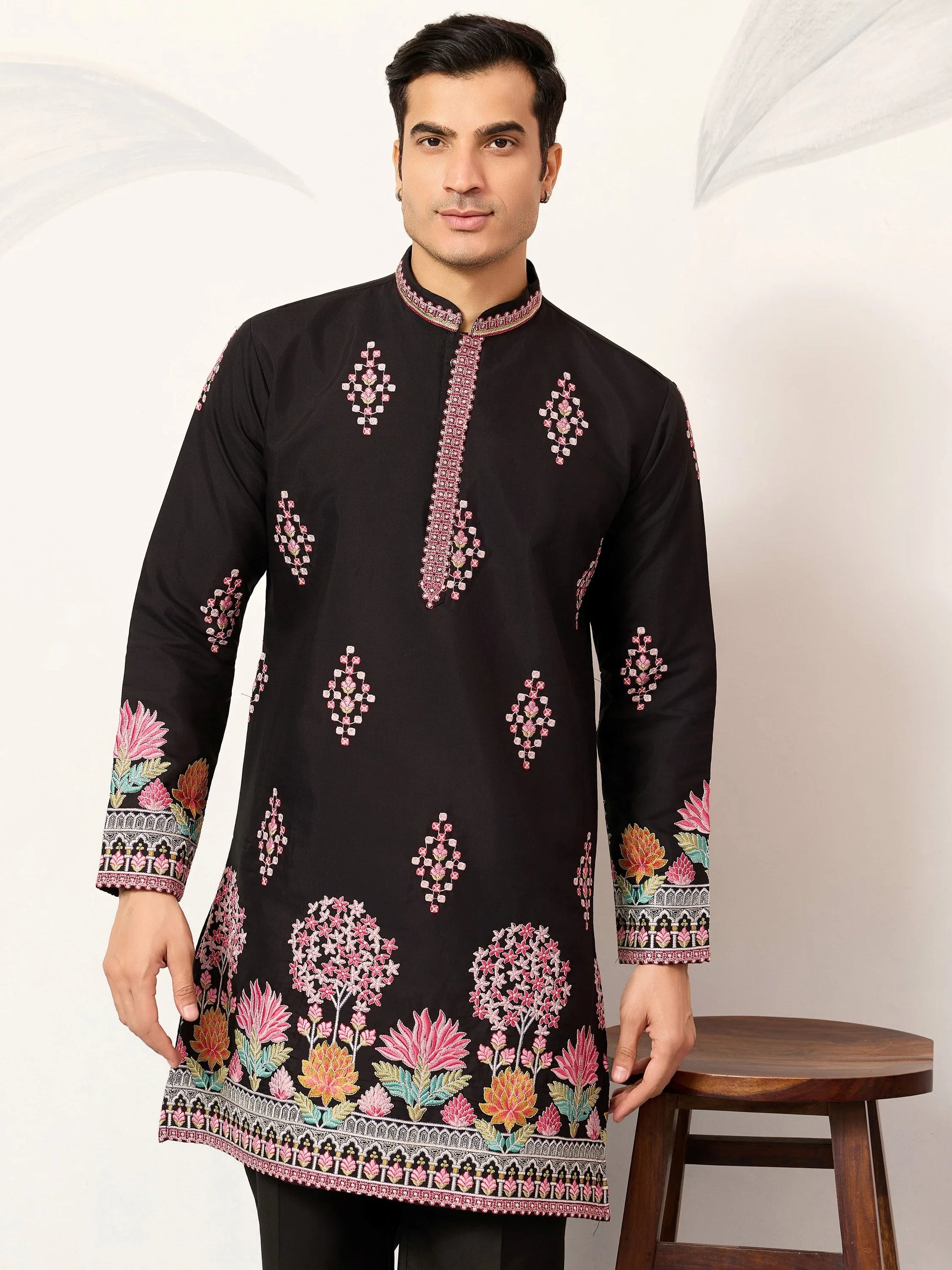 Fabulous Black Embroidered Viscose Silk Evening Wear Men's Kurta