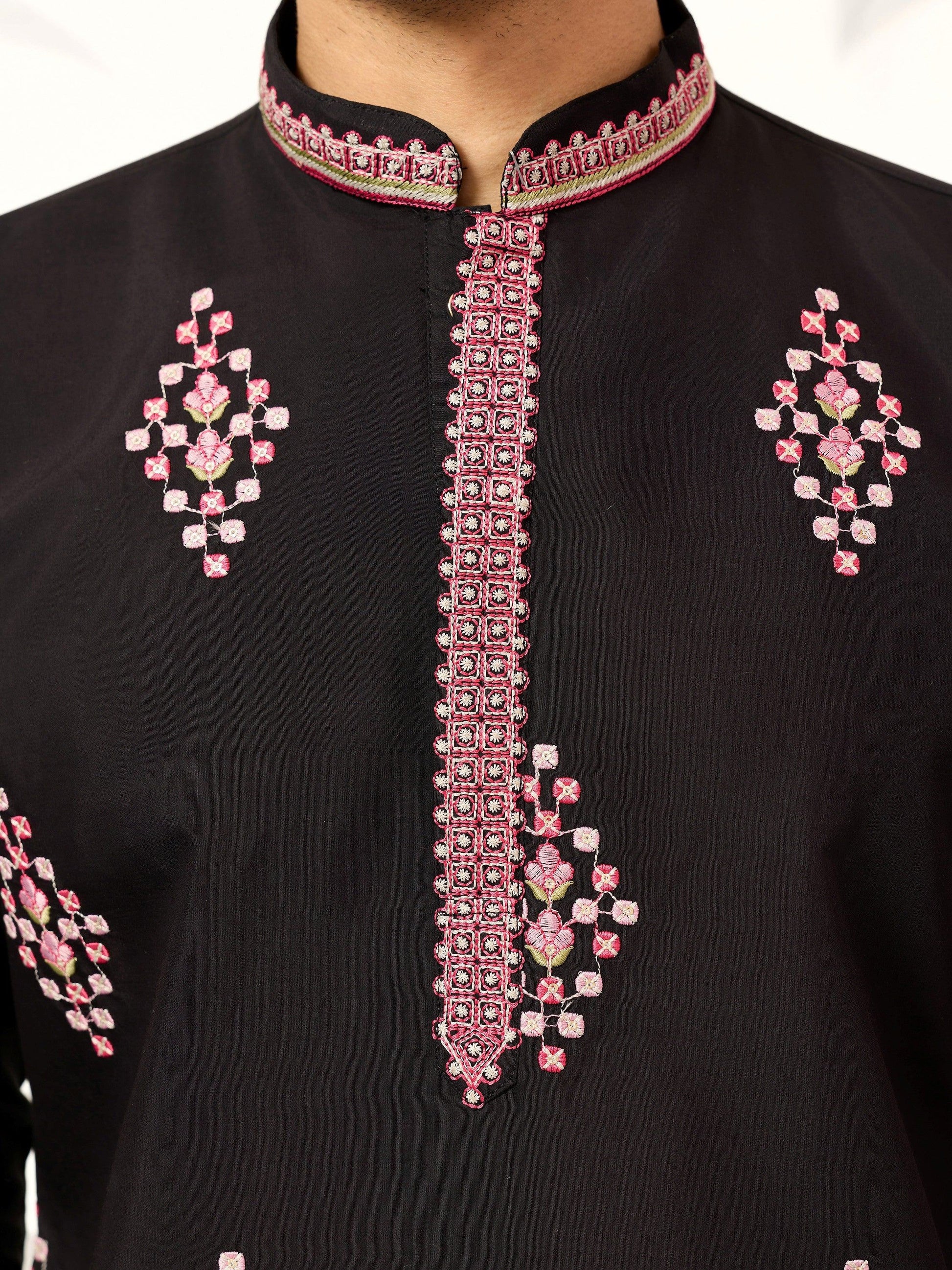 Fabulous Black Embroidered Viscose Silk Evening Wear Men's Kurta