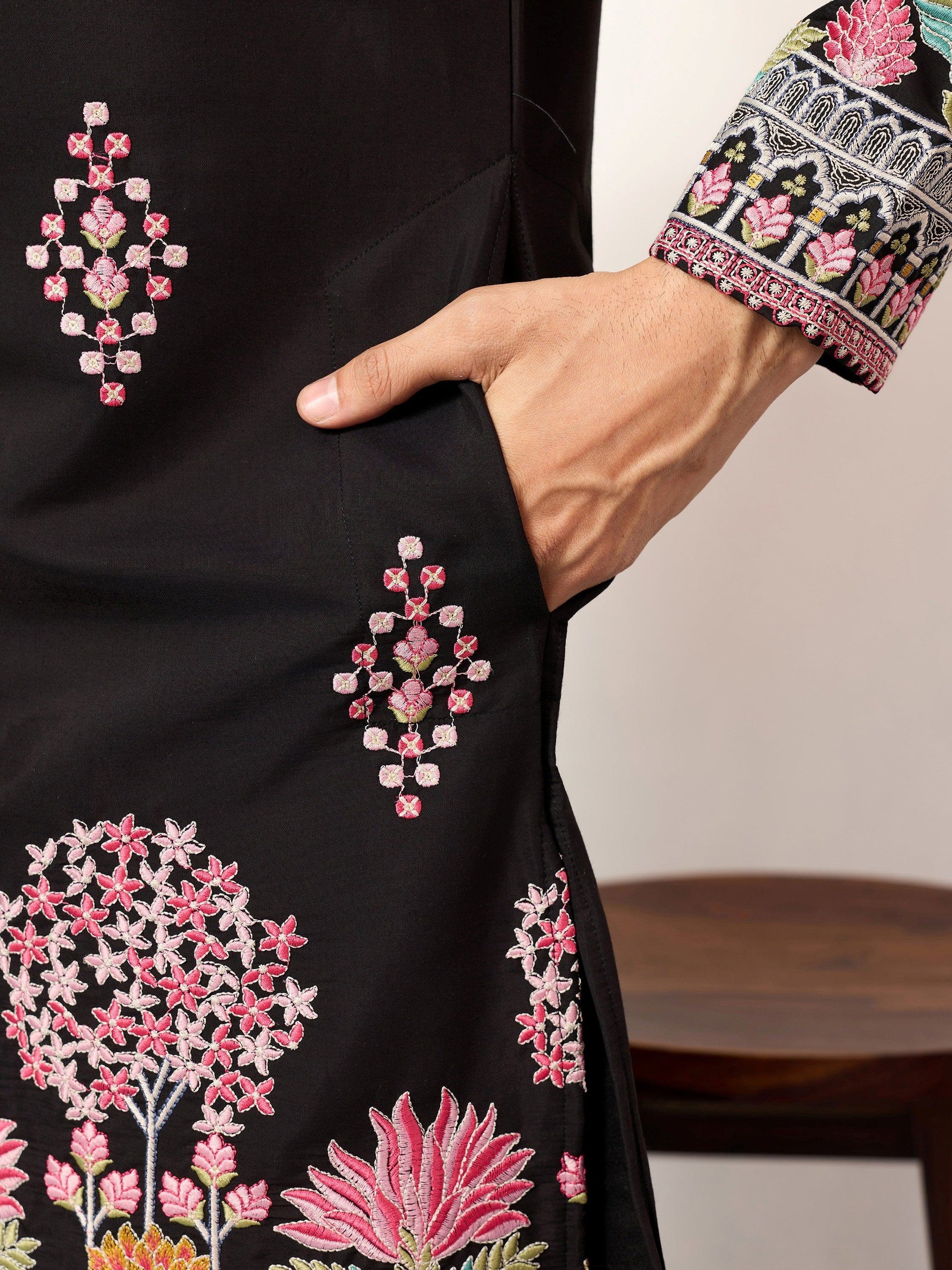 Fabulous Black Embroidered Viscose Silk Evening Wear Men's Kurta